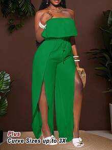 Slaydiva Mono de verano sin tirantes de talla grande para mujer, de unicolor, con volantes en la cintura, lazada y aberturas duales, de estilo de moda, para primavera/verano - Verde - Ver 4