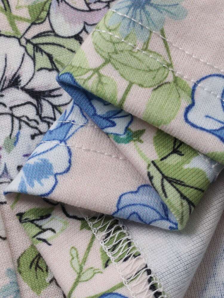 Solid Color V-Neck Top & Loose Floral Print Pajama Pants Women Sleepwear Set