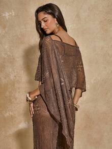 SHEIN BAE 女士闪亮奢华度假罩衫，适合海滩、朋友聚会、沙滩罩衫、比基尼罩衫、音乐节罩衫，尽显迷人风采。 - 棕色 - 查看 2