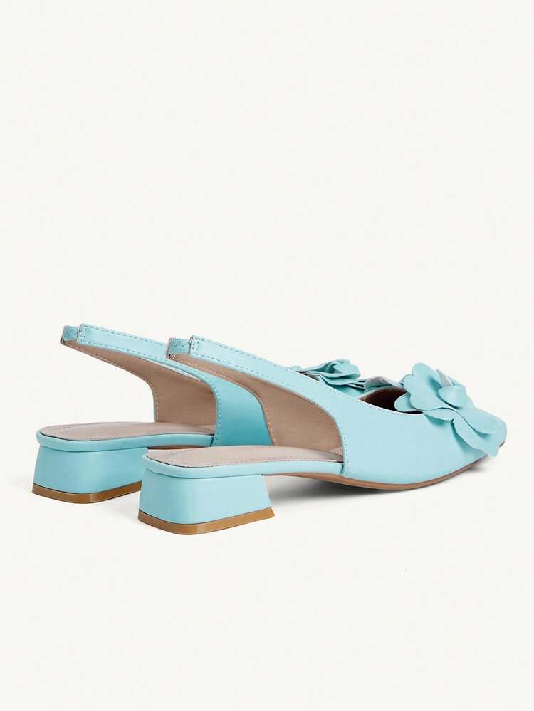 CUCCOO CHICEST Women Shoes Fashion Light Blue Three-Dimensional Flower Back Strap Low Heel Square Toe Commuting Versatile Elegant Party Vacation Women Flat Shoes Slingback Shoes Wedding Shoes Summer Shoes Bride Shoes