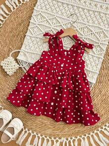 女婴可爱优雅红色波点吊带连衣裙，夏季 - 紅色 - 查看 6