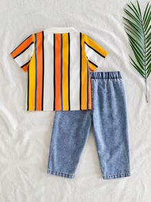 SHEIN Vintaside Kids 男童休闲翻领短袖上衣搭配时尚水洗牛仔裤套装，适合日常穿着、家庭露营、外出就餐或购物。 - 彩色 - 查看 3