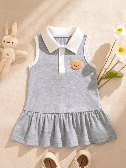 Souflis Souflis 法式新款女童夏季polo领连衣裙，饰有精致刺绣小熊图案，时尚女童无袖连衣裙，夏季新品