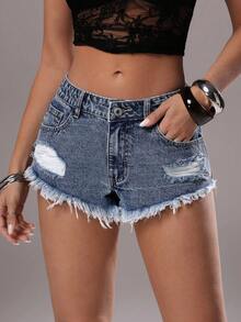 TRNVIE Women's Embroidered Pocket Distressed Frayed Hem Casual Denim Shorts - Blue - View 4