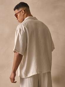 Musero Short Sleeve Asym Button Detail Top Smart Style Leightweight Linen Textured Shirt Spring Summer Holiday Essentials - Apricot - View 4