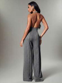 Hauture Women's Sexy Casual Halter Neck Rib Seam Overlock Detail Backless Jumpsuit - Grey - View 2