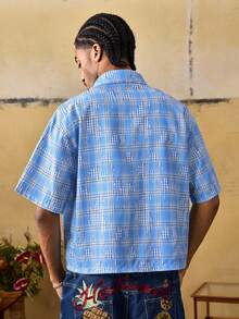 ROMWE MEN Men's Plaid Short Sleeve Button-Front Casual Vacation Shirt - Blue and White - View 3