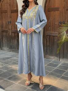 DAZY Women's V-Neck Patchwork Loose Long Dress - Dusty Blue - View 2