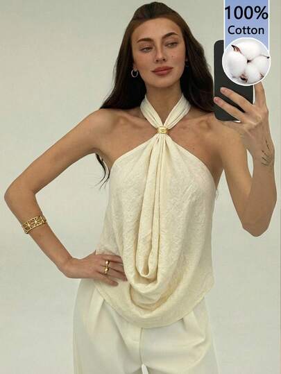 Aloruh 女士性感米色100%纯棉纯色露背吊带上衣，配金属扣——优雅度假沙滩装、音乐节狂欢装、西部音乐节、夏季假期、热带度假、海滩之旅、婚礼宾客、约会之夜、通勤、毕业典礼、外出、春夏/夏季/