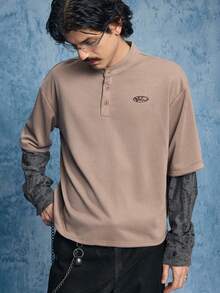 ROMWE MEN Street Life Men's Contrast Color Patchwork Distressed Pullover Pullover Sweatshirt - Brown - View 1