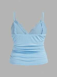 SHEIN ICON Plus Size Women Contrast Lace Bow Decor Ruffle Camisole, Going Out Tops - Baby Blue - View 2