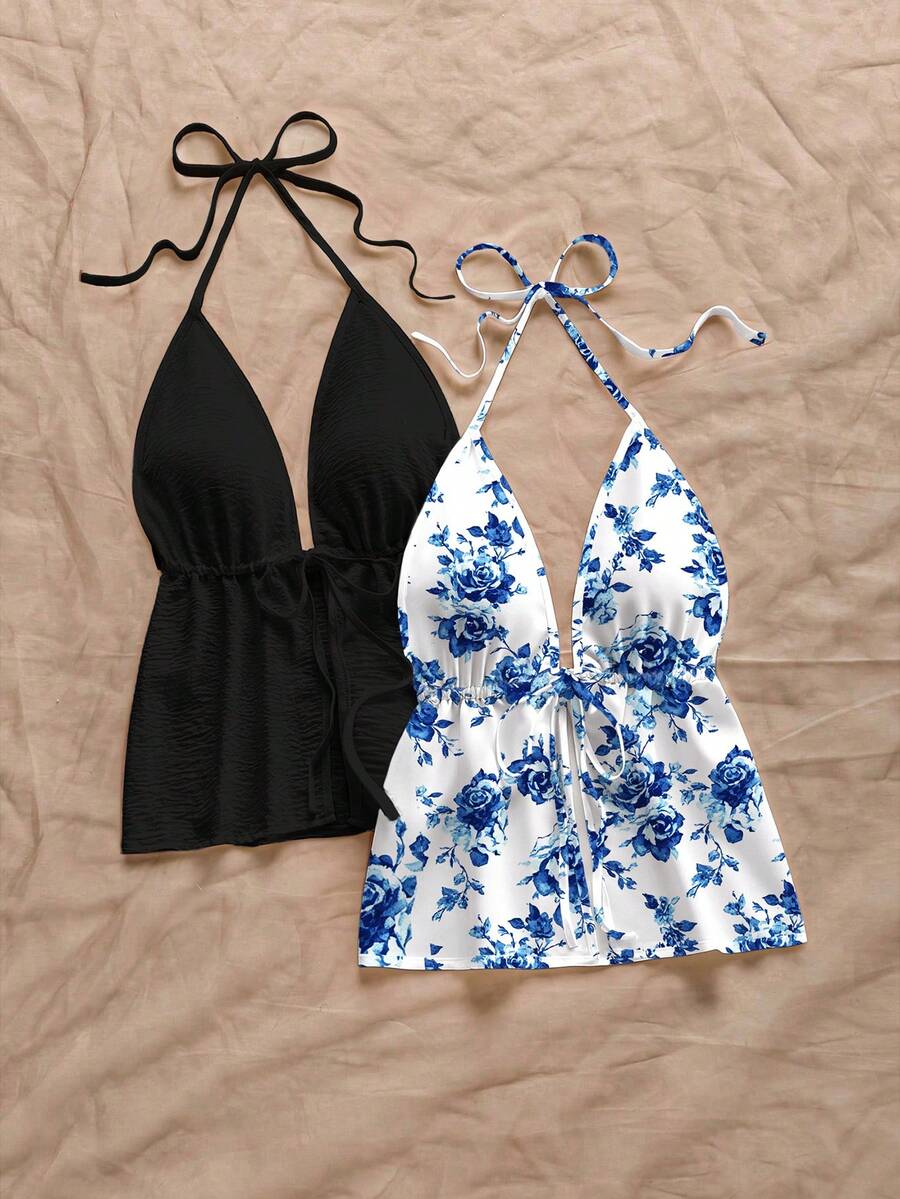 Soleia 2pcs/Set Women Casual Backless Tie Strap Halter Top Set, Floral Print, Suitable For Vacation, Beach - Multicolor - View 1