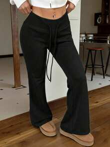 SHEIN EZwear Quần ống loe dệt kim tối giản màu đen dành cho nữ, có dây rút ở eo. - màu đen - Xem 3