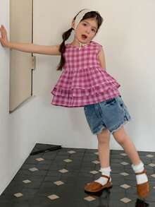 Dazy Kids Young Girls Round Neck Plaid Woven Shirt - Pink - View 7