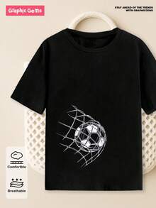 SHEIN GraphicGems Camiseta De Manga Corta Con Estampado De Fútbol Para Niños Preadolescentes - Negro - Ver 1