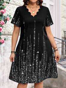 Miaspire Conjunto de primavera y verano para mujer de talla grande y modesto, con cuello en V, adornado con concha, manga corta, con estampado de falsos rhinestones, de longitud hasta la rodilla - Plateado - Ver 4