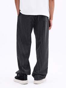 SUMWON Calça Casual Masculina de Ajuste Relaxado com Listras Verticais, Cintura Elástica e Perna Larga para Conforto e Estilo do Dia a Dia - Chumbo - Visão 2
