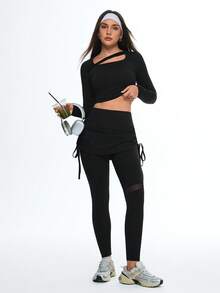 Eassivo 女士二合一瑜伽裤，抽绳腰带，修身高腰设计，显瘦塑形，适合跑步、骑行和健身。 - 黑色 - 查看 5