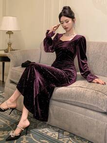 DAZY Đầm midi dài tay đính sequin cho nữ - Màu tím - Xem 4