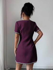 Rafferiza Elegant Business Casual Round Neck Trim Waist Short Sleeve Button Front Mini Dress, Suitable For Spring And Summer - Red Violet - View 2