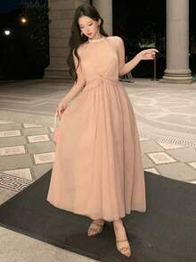 DAZY Women's Elegant Rivet Studded Halter Neck Twist Midi Dress, Summer,Wedding Guest Dress Women Sundress - Apricot - View 5