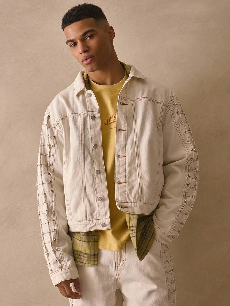 Cropped Oversized Long Sleeve Button Through Seam Detail Collared Denim Jacket Studded Sleeve Detailing Spring Summer Essentials Streetwear Streetstyle - White - View 1