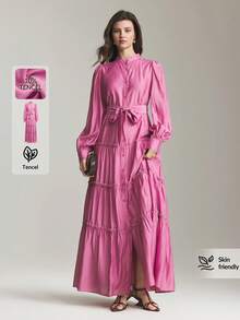 Ontre Women's Elegant Pink Long Sleeve Shirt Dress,Autumn Tea Party Solid Color Waist Loose Fit Maxi Dress,Minimalist Office Wear Wedding Guest Holiday - Pink - View 2