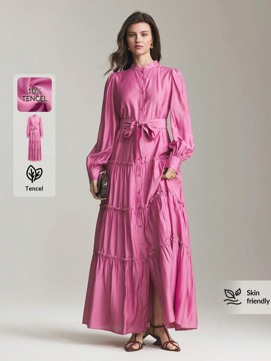 Ontre Women's Elegant Pink Long Sleeve Shirt Dress,Autumn Tea Party Solid Color Waist Loose Fit Maxi Dress,Minimalist Office Wear Wedding Guest Holiday