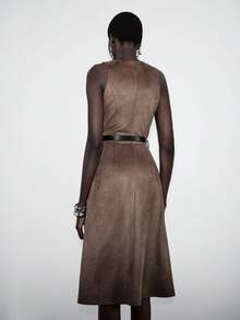 Lumivelle Women's Round Neck Solid Color Suede A-Line Dress With Waist Belt, Spring/Summer Chocolate Brown Dress Coffee Brown Dress - Brown - View 2