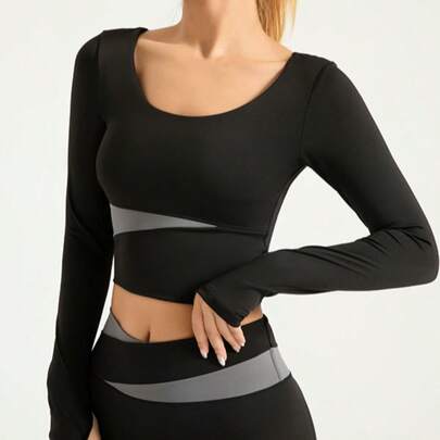 Top deportivo corto de manga larga estilo Y2K con diseño bicolor para mujer