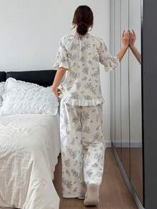 DAZY Conjunto de pijama holgado para mujer con bordado floral y ribete de volantes - Blanco - Ver 2