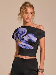 COSMINA 女士优雅短袖不对称领印花衬衫T恤，通勤、浪漫约会、日常穿着皆宜，春季必备 - 彩色 - 查看 7