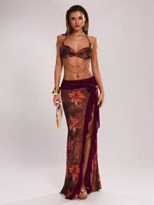 SHEIN BAE 女士度假珍珠刺绣纹理开衩露背连衣裙，做工精细的面料连衣裙，适合休闲度假、海滩度假等场合，性感度假连衣裙 - 彩色 - 查看 6