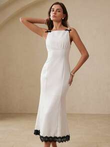 Femmeiva New Elegant Colorblock Bow Tie Waist Lace Patchwork Fishtail Hem Fitted Dress - White - View 4