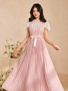 Teen Pleated Chiffon Dress, Luxury Embroidered Formal Dress, Graduation Ceremony Choir - Pink - View 4