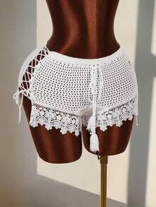Amplova Pantalones cortos de punto con diseño de cruce y calados para vacaciones en la playa de mujer - Blanco - Ver 4