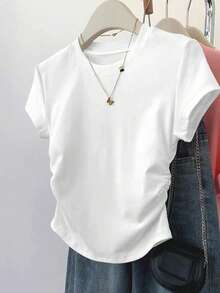 SHEIN 3件套女士户外休闲运动上衣，夏季新款，咖啡色、棕色、白色、蓝色、多色条纹，蓝色修身腰部女士T恤 - 彩色 - 查看 5