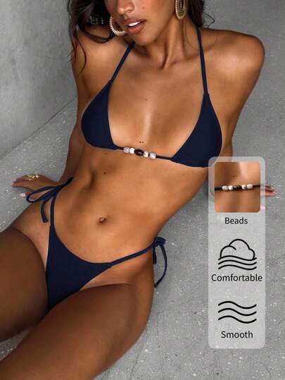 Aloruh Women Sexy Elegant Retro Tropical Rainforest Black White Zebra Print Mini Triangle Cup Halter Tie Up Top With Mini Thong Bottom Two Pieces Bikini Set, Spring/Summer Summer