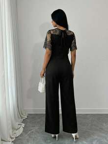 SHEIN Clasi Women's Round Neck Lace Patchwork Elegant Casual Jumpsuit - Black - View 2