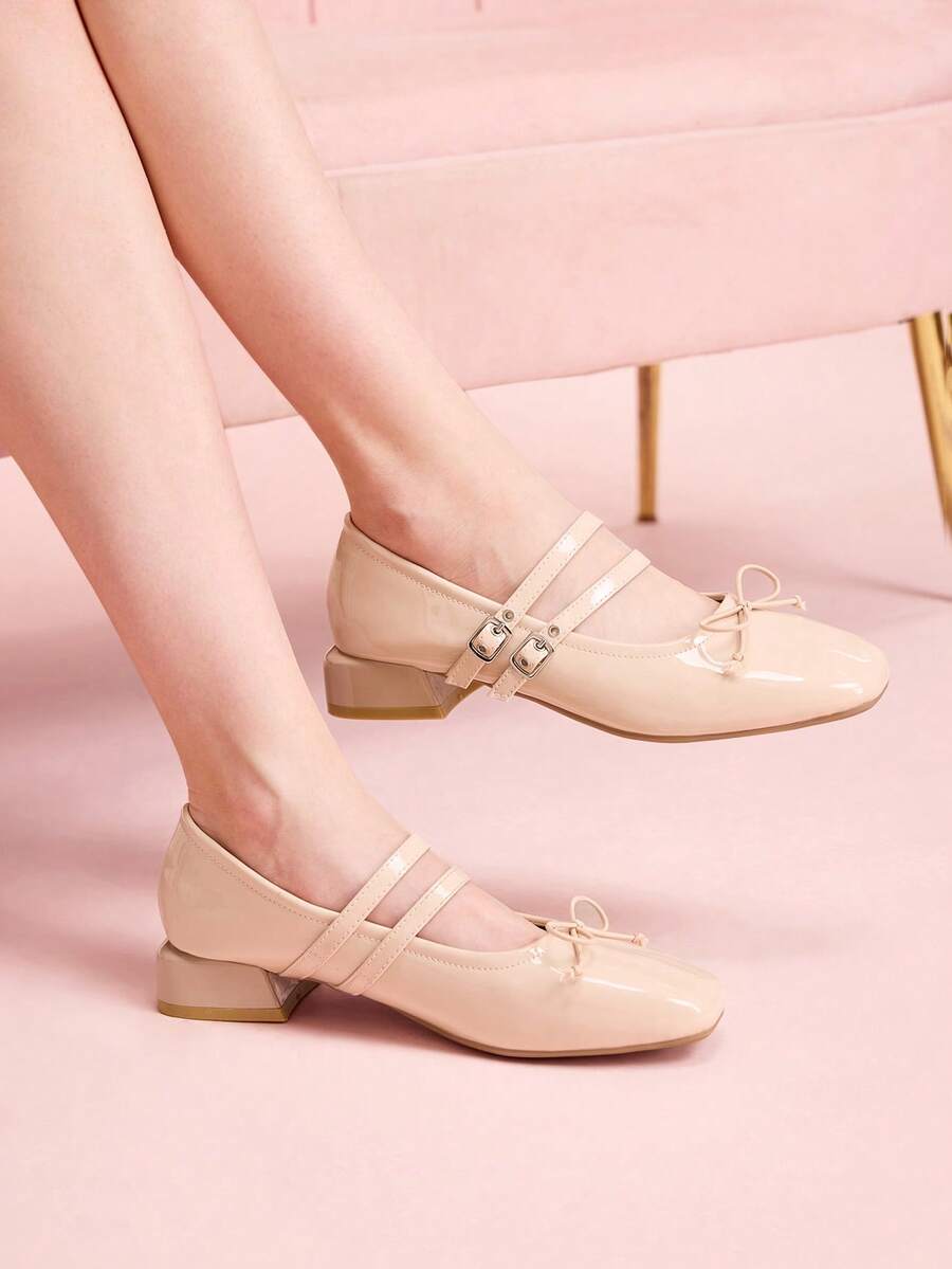 CUCCOO DOLLMOD Ladies Square Toe Elegant Classic Vintage Glossy Bow Decoration Double Belt Mary Jane Flats - nude - View 1