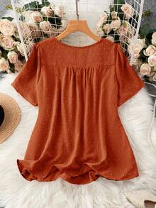EMERY ROSE Áo sơ mi nữ mùa hè dáng casual cổ tròn tay ngắn chất liệu jacquard - Màu Cam san hô - Xem 2