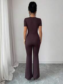 SHEIN Elenzya Twist Hollow Out Bodycon Jumpsuit With Short Sleeves, Cinched Waist, Flared Leg, Commuting & Date Outfit, Sexy Vibe, Figure Flattering - Coffee Brown - View 2