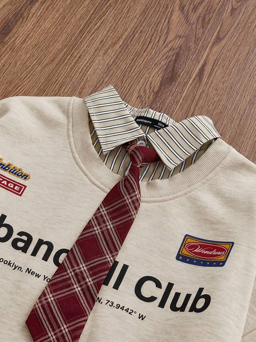 SWAVVY 男士针织休闲宽松长袖二合一抓绒卫衣 - 杏色 - 查看 1