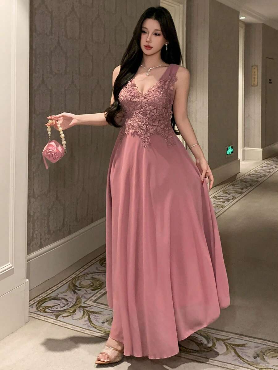 DAZY 女士优雅蕾丝拼接V领无袖中长连衣裙，夏季婚礼宾客礼服，女士吊带裙 - 粉色 - 查看 1