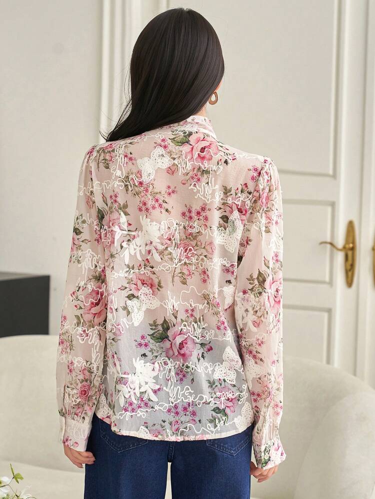 Elegant Floral Print Tie Collar Women's Blouse, Spring