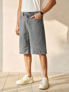 RONVEXI Pantalones cortos vaqueros azul claro lavados holgados y casuales para hombre - Gris Claro - Ver 1