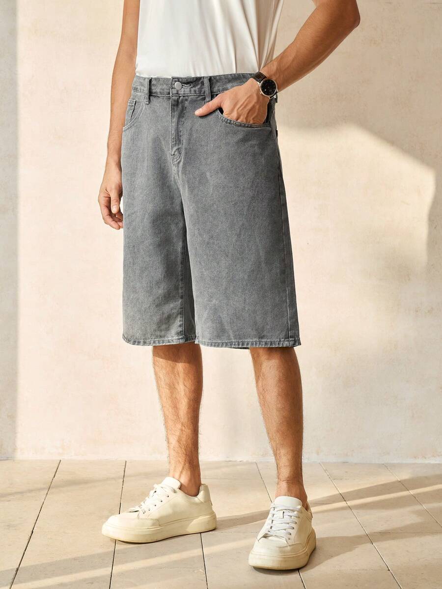 RONVEXI Pantalones cortos vaqueros azul claro lavados holgados y casuales para hombre - Gris Claro - Ver 1