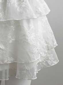 Sweetra Đầm ngắn nữ mùa xuân/hè bằng chiffon thêu, kiểu dáng corset, viền bèo nhún, thích hợp cho kỳ nghỉ. - trắng - Xem 5