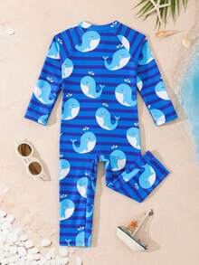 SHEIN Baby Boy One-Piece Swimsuit, Long Sleeve & Pants, Zipper Design For Easy Wear, Knitted Fabric, Cute Dolphin Digital Print Beach Swimwear - Blue - View 3