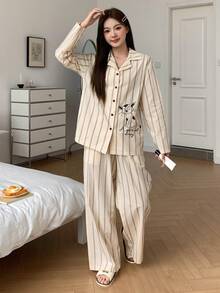 DAZY 条纹猫咪印花宽松女士睡衣套装 - 杏色 - 查看 6